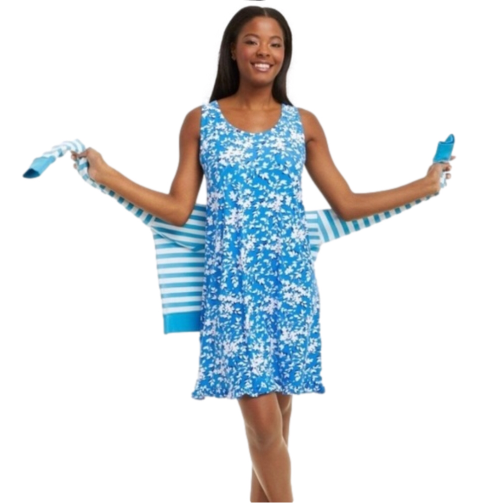 DRAPER JAMES Comfy Stretchy Blue White Floral Dress with Ruffle Hem, Size L/XL